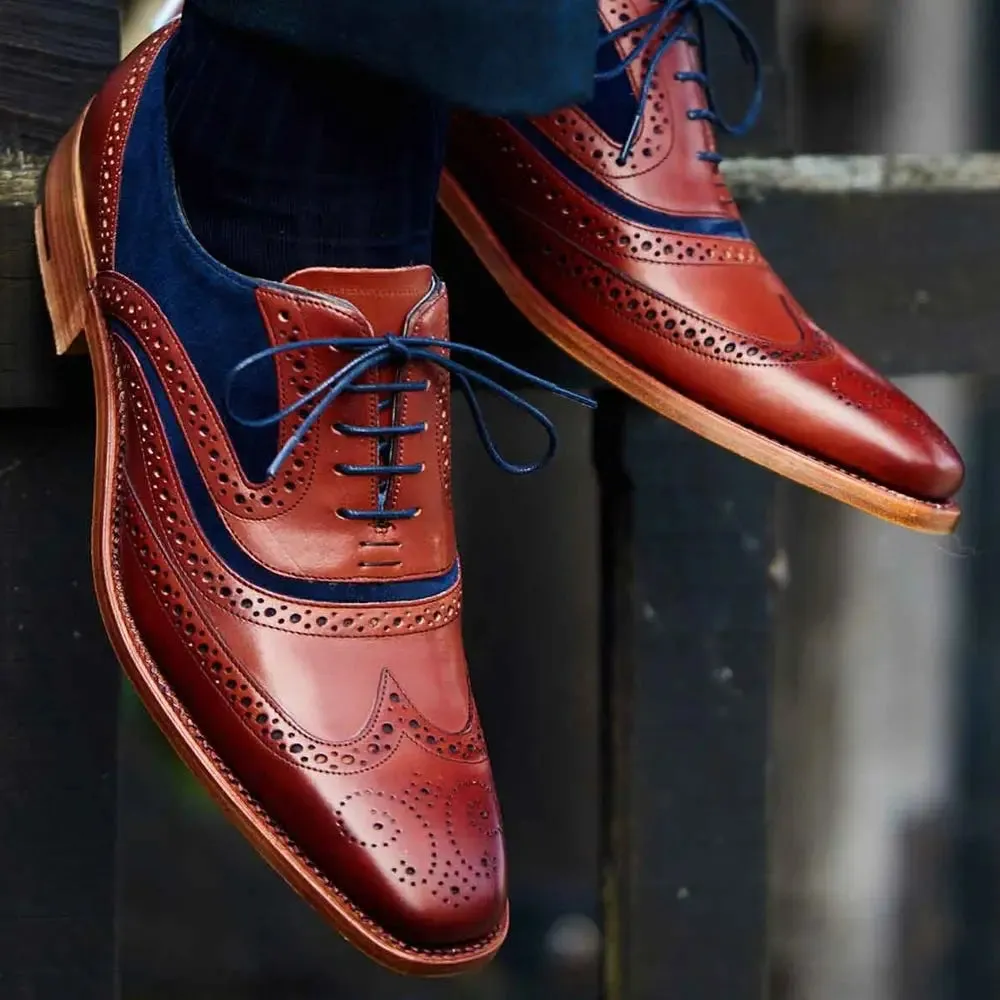 BARKER McClean Shoes - Mens Brogue - Rosewood & Navy Blue Suede