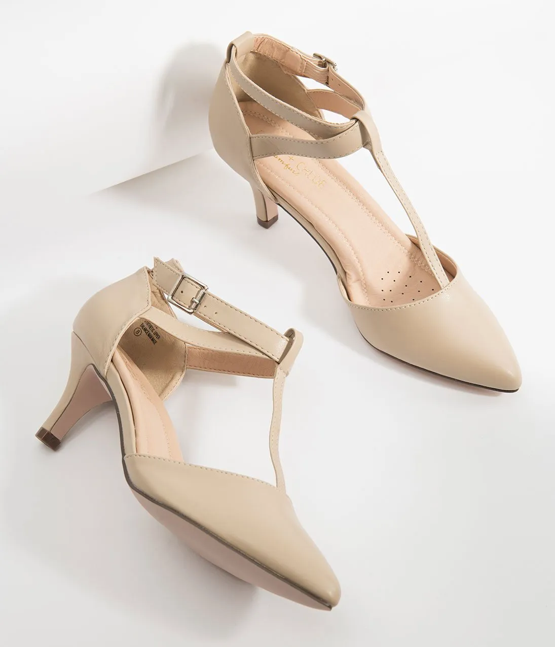 Beige Leatherette Pointed Toe Ellie T-Strap Heels