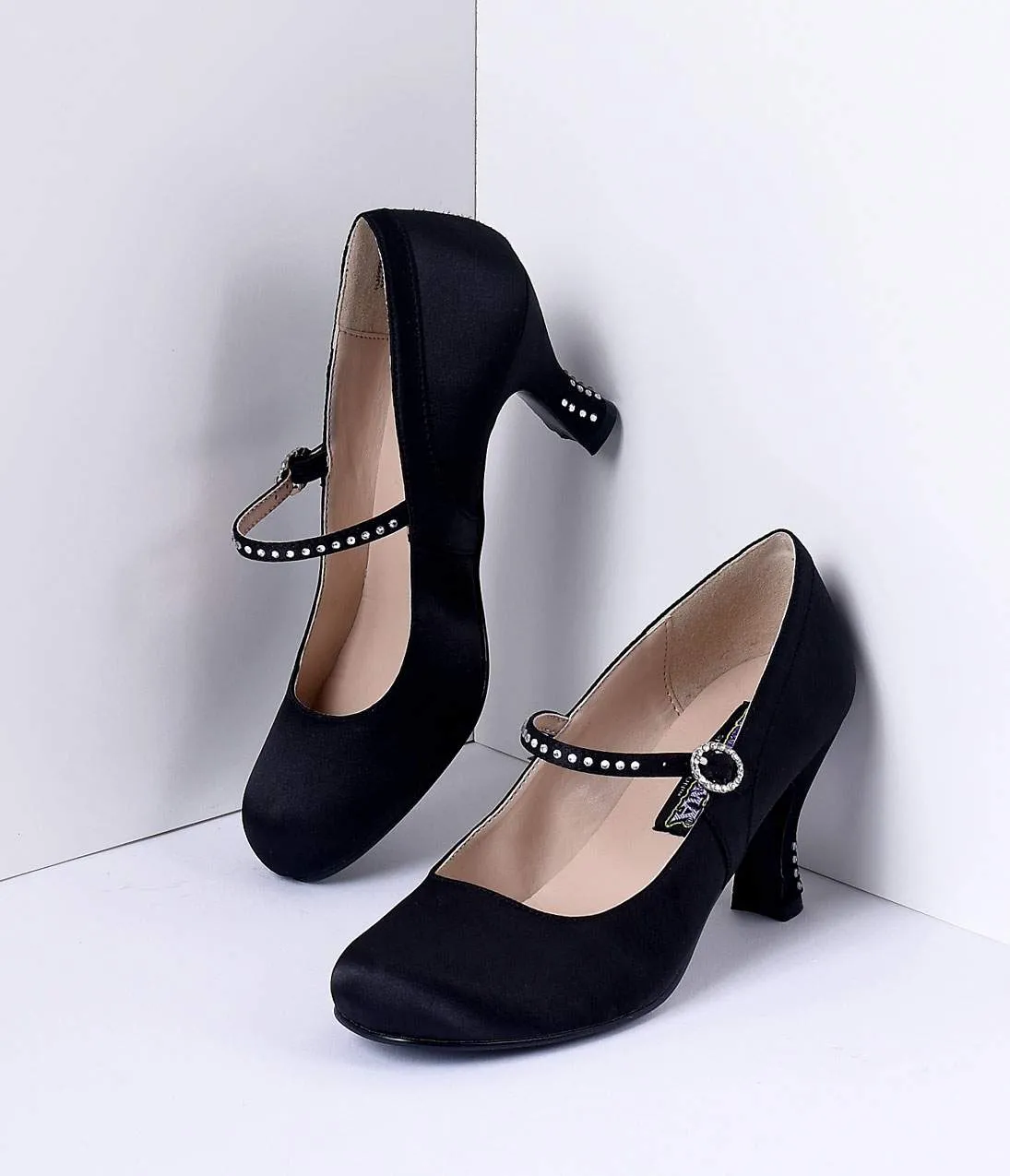 Black Satin Flapper Style Rhinestone Kitten Heels