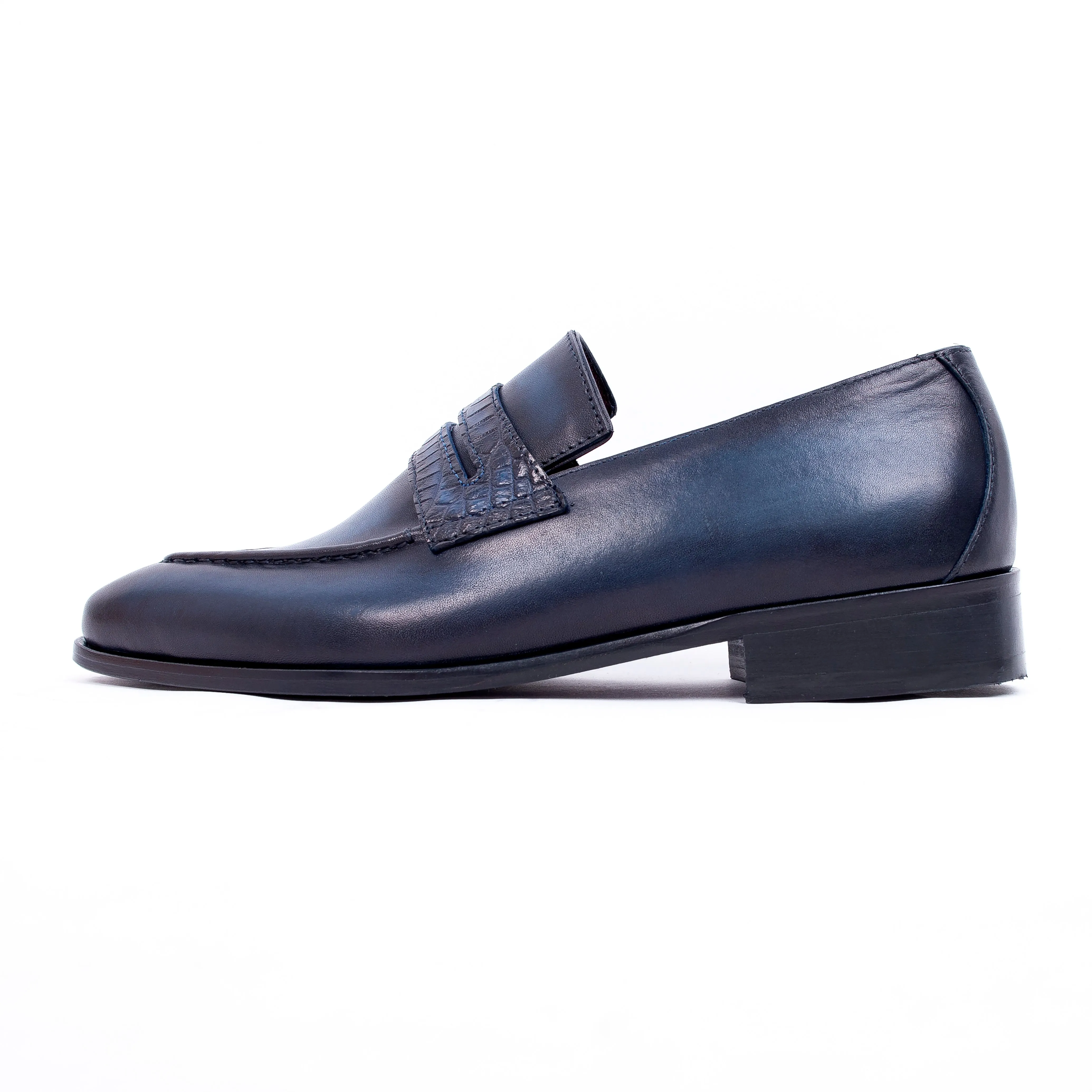 Blue Leather Shoes with Crocodile Detailing