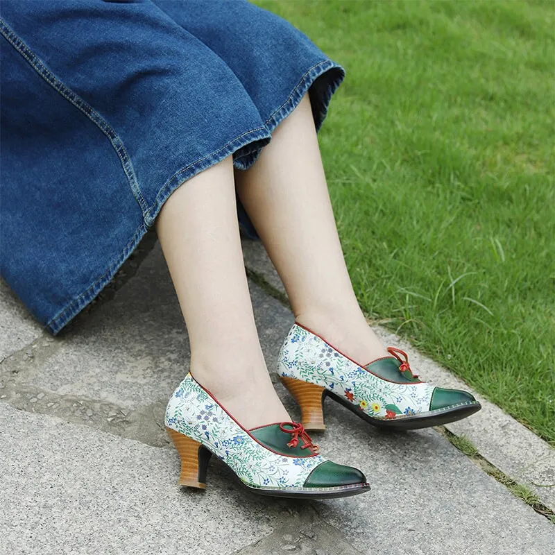 Comfortable Printing Leather Pumps in Green