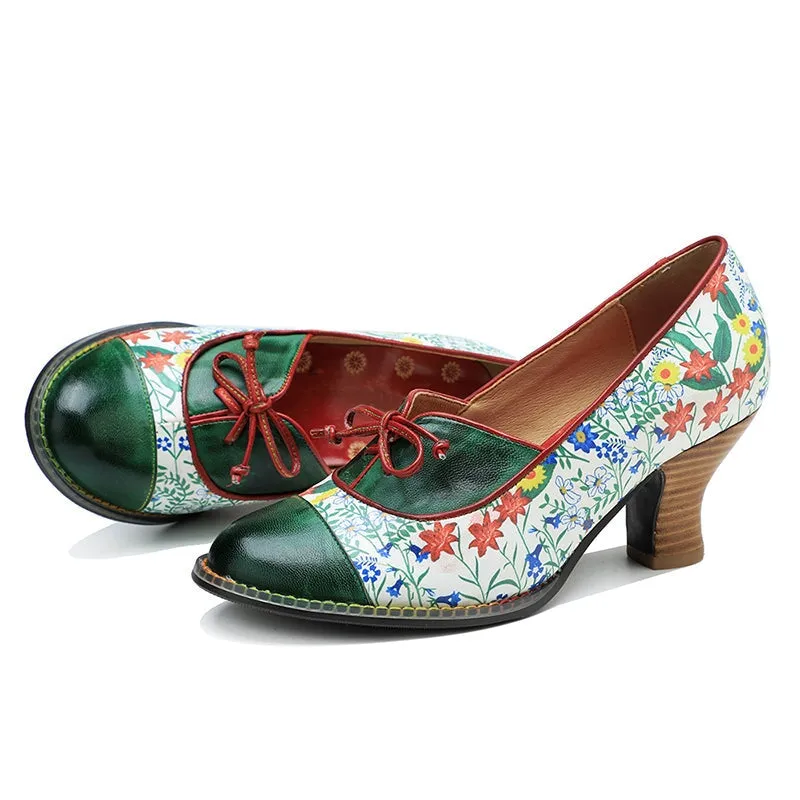 Comfortable Printing Leather Pumps in Green