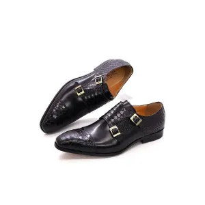 Glossy Leather Pointed Toe Monk Straps Dress Shoes