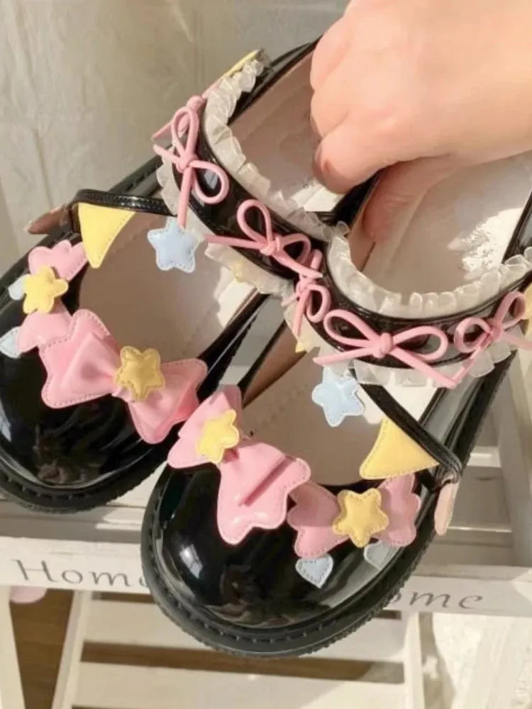 Hnzxzm Summer 2024 Japanese Kawaii Sandals Women Lolita Style Bow Design Sweet Shoes Lady Lace Round Toe Buckle Star Casual Flat Shoes