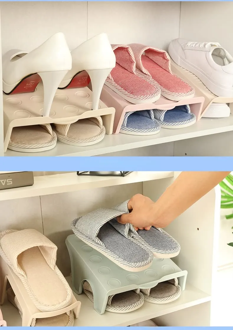 NYALKARAN Plastic Shoe Organizer Stand Space Saver Shoe Storage Rack Double Layer Free Standing Shoe Slipper Stacker Shelf (SET OF 6, MULTICOLOR)