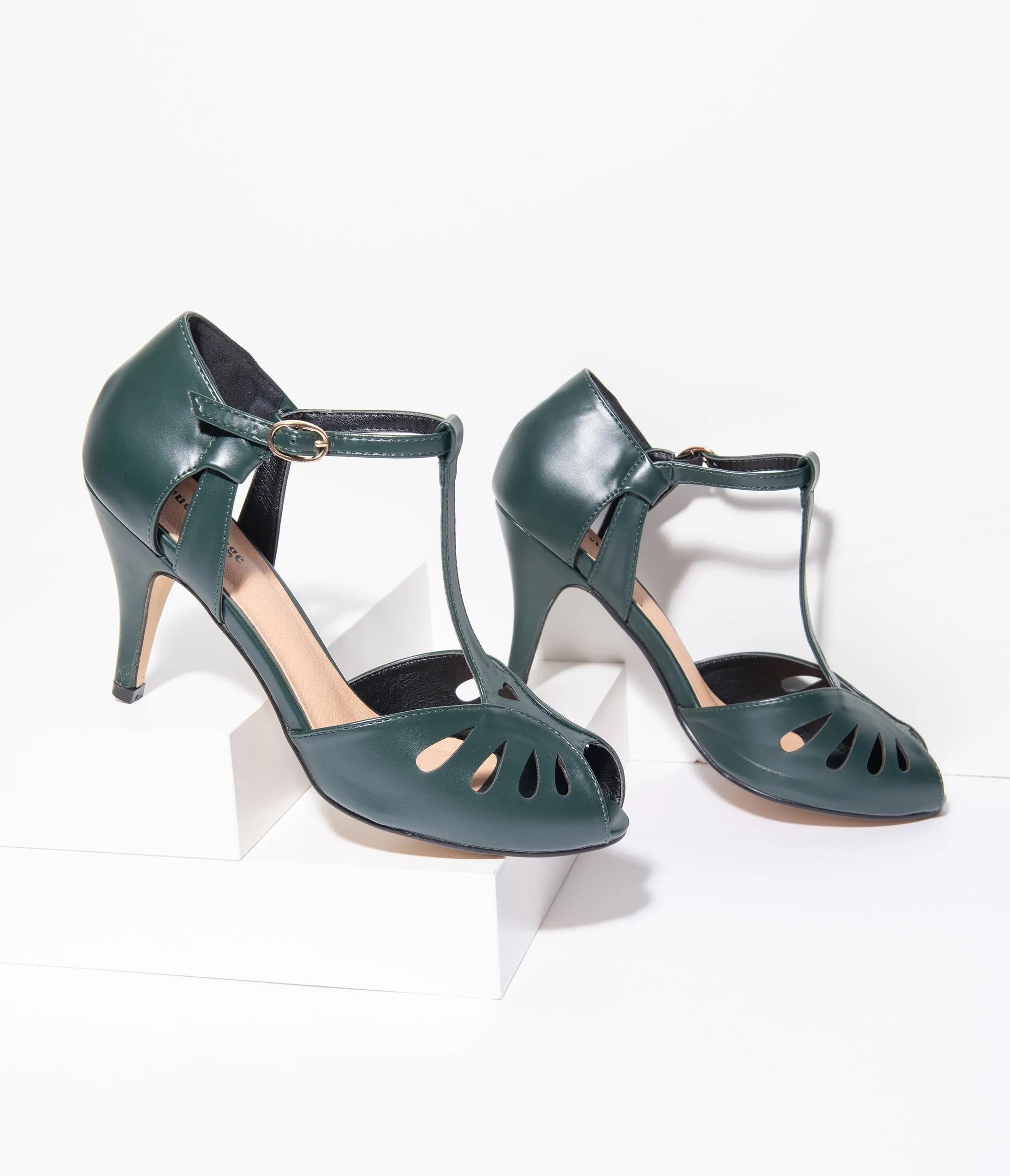 Unique Vintage Forest Green Leatherette Peep Toe T-Strap Everly Pumps