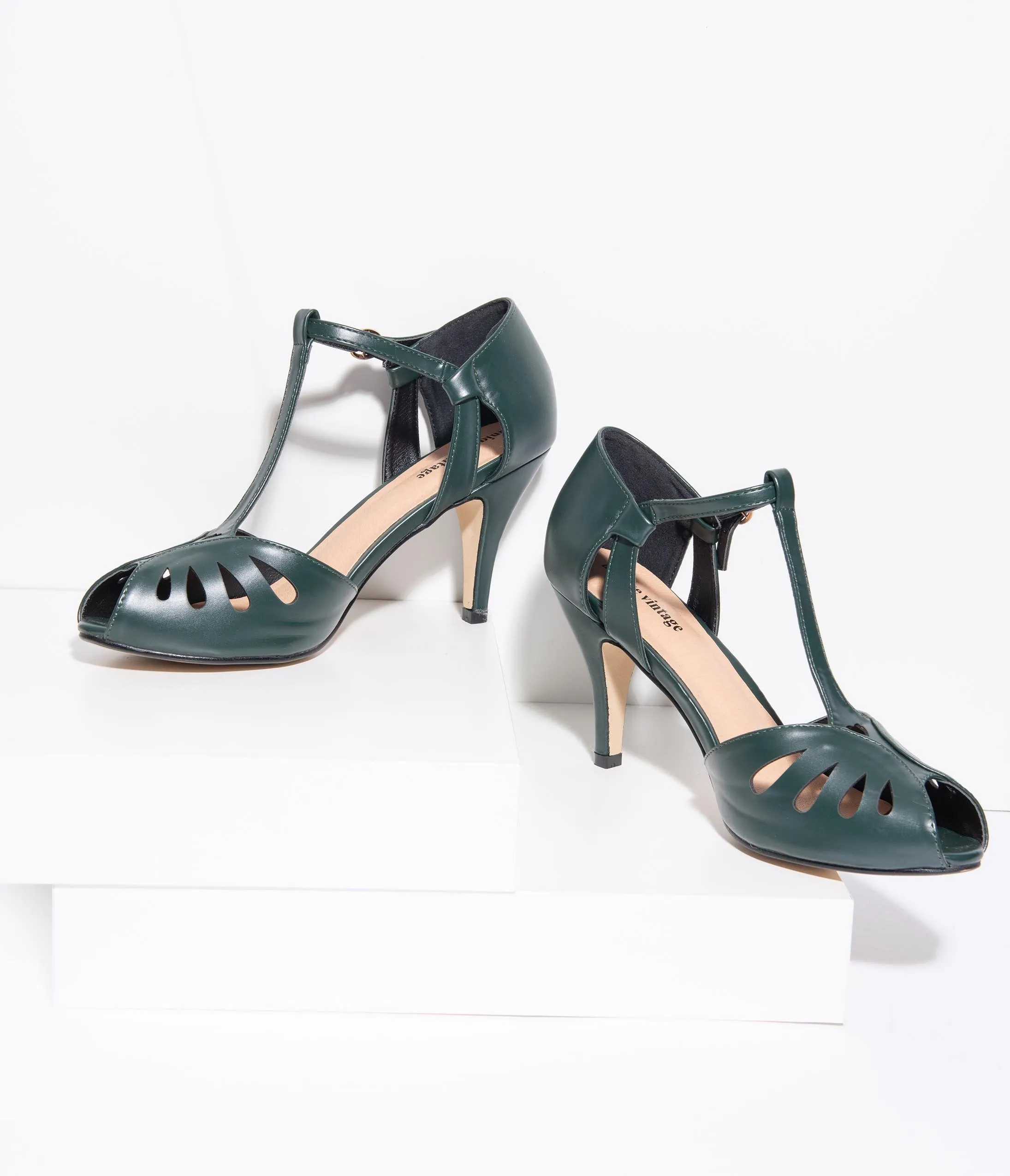 Unique Vintage Forest Green Leatherette Peep Toe T-Strap Everly Pumps