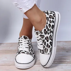 Women Lace-Up Leopard Print Canvas Shoes